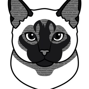 K&ouml;nnte beinhalten: Eine stilisierte Illustration eines Siamkatzenkopfes mit cremefarbenem Gesicht sowie dunkelbraunen Ohren und Maske. Das Innere des Katzenkopfes ist mit grauem Computercode-Text gef&uuml;llt. Unter dem Kopf steht der Text "/* Coding Companions */".