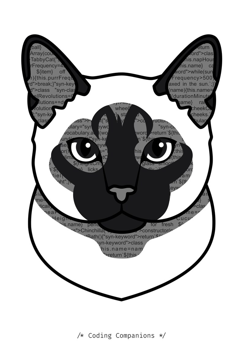K&ouml;nnte beinhalten: Eine stilisierte Illustration eines Siamkatzenkopfes mit cremefarbenem Gesicht sowie dunkelbraunen Ohren und Maske. Das Innere des Katzenkopfes ist mit grauem Computercode-Text gef&uuml;llt. Unter dem Kopf steht der Text "/* Coding Companions */".