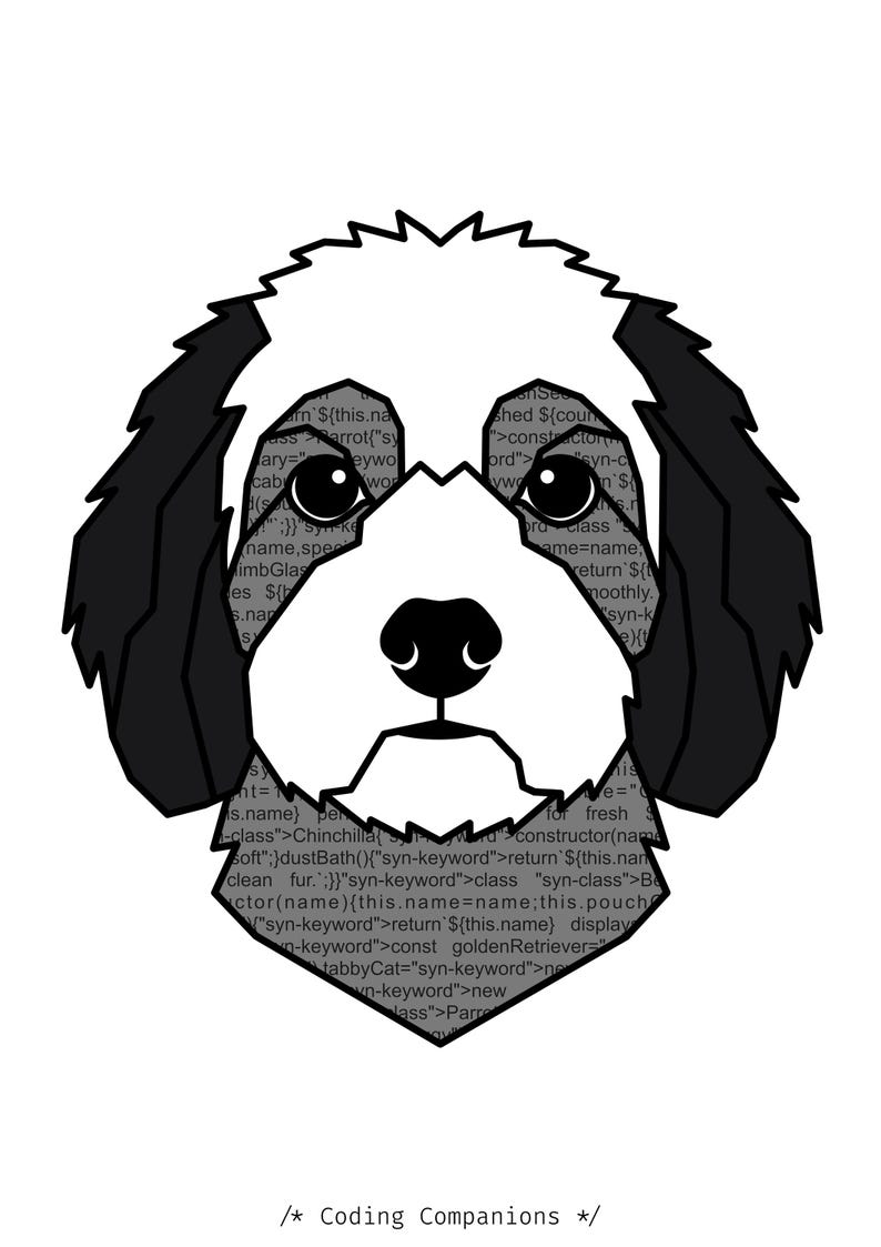 May include: A stylised graphic illustration of a dog head with black ears and a white face. The white area is filled with dark grey computer programming code text. Below the dog head is the text /* Coding Companions */ in a simple font.