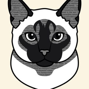 K&ouml;nnte beinhalten: Eine stilisierte grafische Illustration eines Siamkatzenkopfes mit dunkler Maske und Ohren. Das Gesicht der Katze ist mit grauem Computercode-Text auf hellem Hintergrund gef&uuml;llt. Unter der Katze steht der Text /* Coding Companions */ in Schwarz.