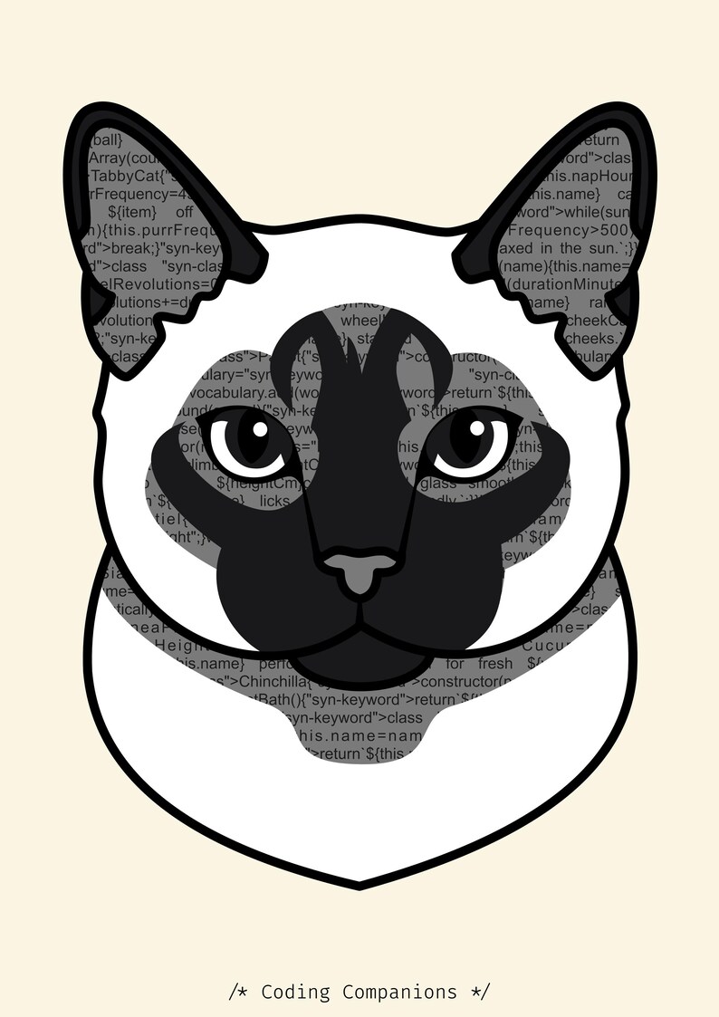 K&ouml;nnte beinhalten: Eine stilisierte grafische Illustration eines Siamkatzenkopfes mit dunkler Maske und Ohren. Das Gesicht der Katze ist mit grauem Computercode-Text auf hellem Hintergrund gef&uuml;llt. Unter der Katze steht der Text /* Coding Companions */ in Schwarz.