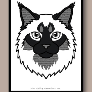 May include: A graphic illustration of a cat head with tufted ears, rendered in black, white, and grey. The background features faint lines of computer code text, and the bottom centre includes the text: <!-- Coding Companions -->.