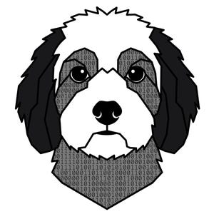 Puede incluir: Una ilustraci&oacute;n gr&aacute;fica de una cabeza de perro con orejas negras y cara blanca. La cara presenta un patr&oacute;n de d&iacute;gitos binarios en gris. Debajo de la cabeza del perro, el texto dice Coding Companions con d&iacute;gitos binarios a los lados.