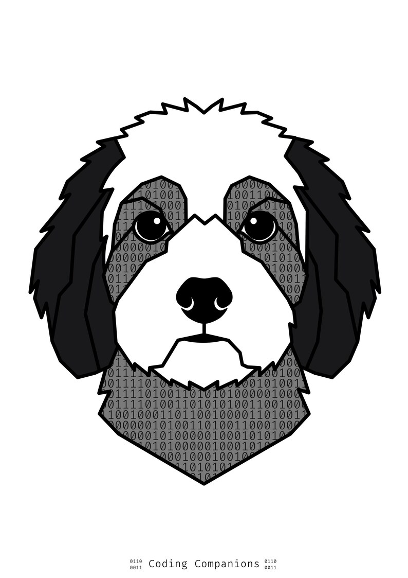 Puede incluir: Una ilustraci&oacute;n gr&aacute;fica de una cabeza de perro con orejas negras y cara blanca. La cara presenta un patr&oacute;n de d&iacute;gitos binarios en gris. Debajo de la cabeza del perro, el texto dice Coding Companions con d&iacute;gitos binarios a los lados.
