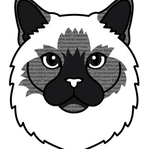 Op de afbeelding: Een gestileerde grafische illustratie van een kattenkop met een donker gezichtsmasker en oren. Het vachtgedeelte heeft een achtergrondpatroon van grijze computercodetekst. De kat heeft grote donkere ogen met witte accenten en een kleine witte neus. Tekst: /* Coding Companions */.