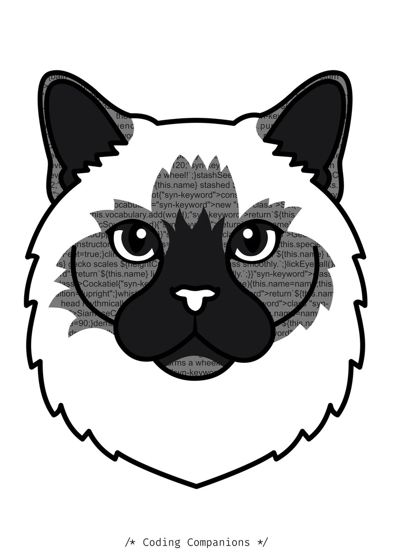 Op de afbeelding: Een gestileerde grafische illustratie van een kattenkop met een donker gezichtsmasker en oren. Het vachtgedeelte heeft een achtergrondpatroon van grijze computercodetekst. De kat heeft grote donkere ogen met witte accenten en een kleine witte neus. Tekst: /* Coding Companions */.
