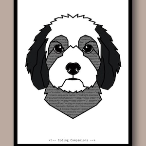 May include: A black and white graphic illustration of a dog head centred on a white background. The dog's face is filled with lines of computer code text. Below the dog, the text reads <!-- Coding Companions --> in a simple black font.