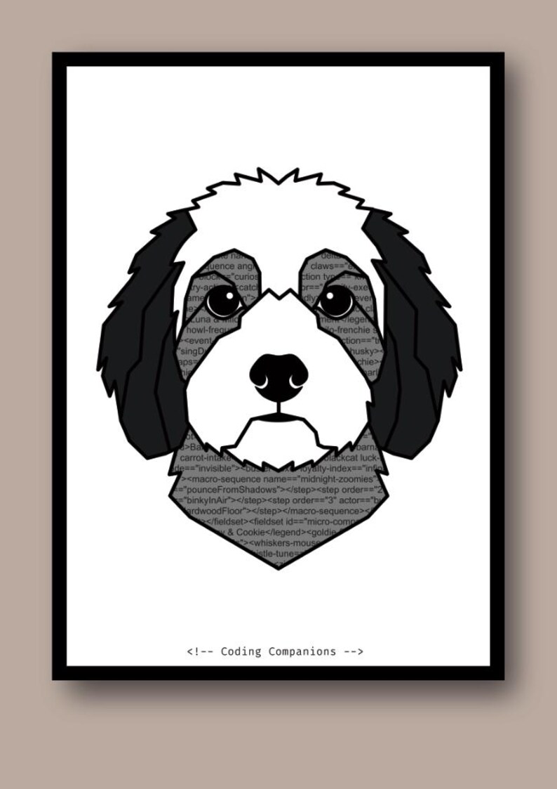 Pode incluir: Uma ilustra&ccedil;&atilde;o gr&aacute;fica a preto e branco da cabe&ccedil;a de um c&atilde;o centrada num fundo branco. O rosto do c&atilde;o est&aacute; preenchido com linhas de c&oacute;digo inform&aacute;tico. Abaixo do c&atilde;o, o texto diz <!-- Coding Companions --> numa fonte preta simples.