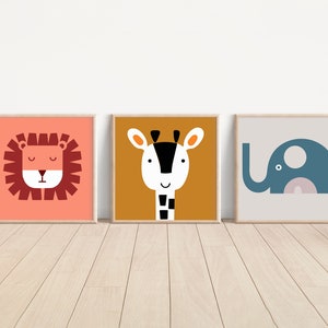 Jungle Nursery Decor, Set of 3 Prints, Baby Animals, Lion, Elephant, Giraffe, Simplistic, Modern, Nursery Wall Art