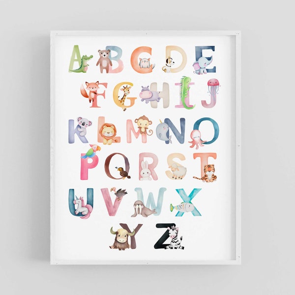 Animal Alphabet Poster, ABC Print, Safari Nursery Decor, Jungle Baby Animals, Classroom and Kids Playroom, Nursery Wall Art