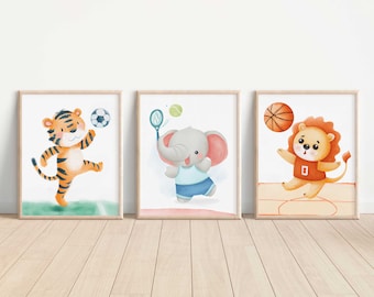 Animals Playing Sports Prints, Safari Nursery Decor, Set of 3