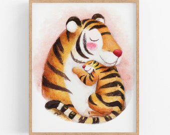 Tiger Cub Nursery Print: Cuddly Mother and Baby Animal Art
