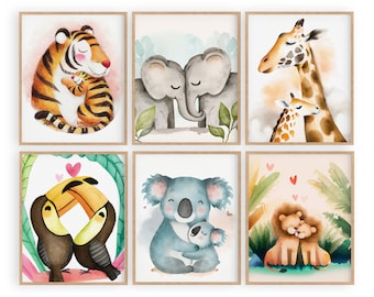 Safari Animal Nursery Prints, Set of 6, Jungle Wall Art