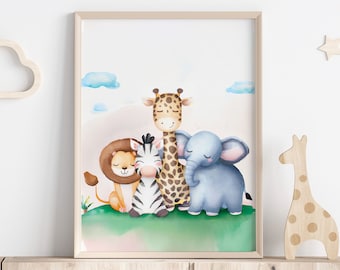 Safari Animal Nursery Print: Baby Lion, Giraffe, Elephant, Zebra