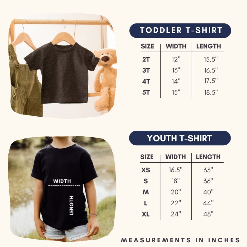 May include: Size chart for toddler and youth t-shirts. The chart shows the size, width, and length in inches for each size. Toddler sizes include 2T, 3T, 4T, and 5T. Youth sizes include XS, S, M, L, and XL.