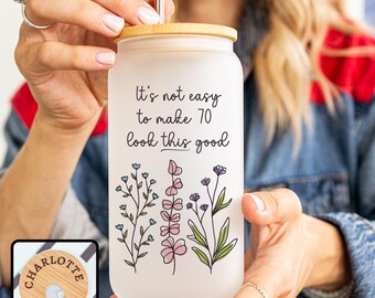 Custom 70th Birthday Iced Coffee Cup with Engraved Lid and Straw, Personalized Turning Seventy Gift