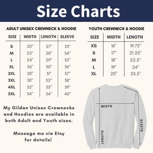 May include: Size chart for adult and youth unisex crewneck and hoodie sweatshirts. The chart shows measurements in inches for width, length, and sleeve length for each size.