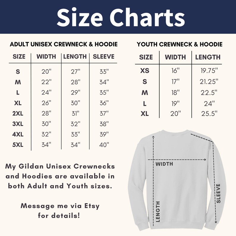 May include: Size chart for adult and youth unisex crewneck and hoodie sweatshirts. The chart shows measurements in inches for width, length, and sleeve length for each size.