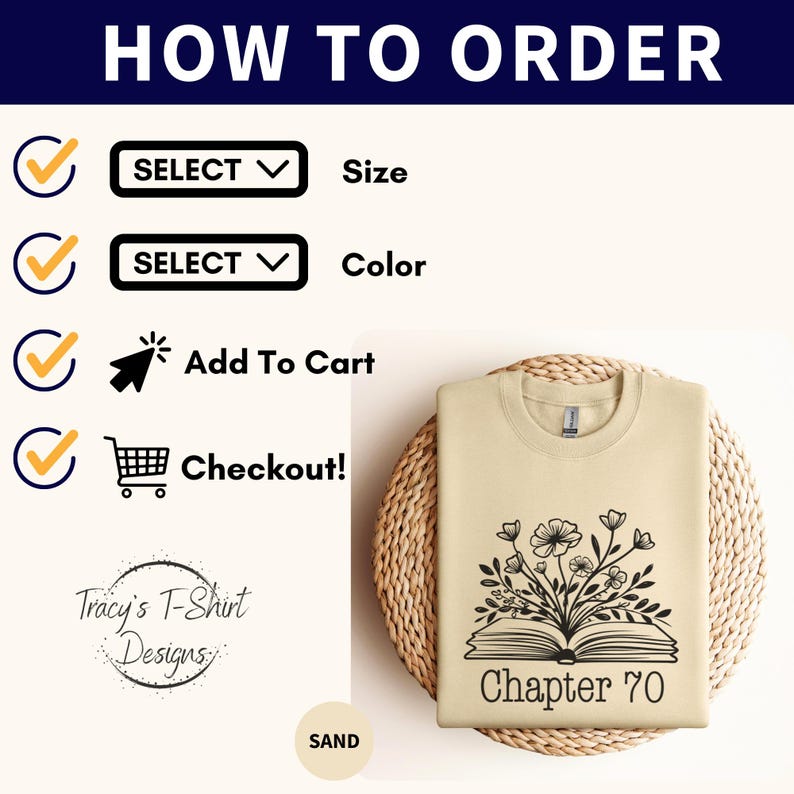 May include: A beige t-shirt with a black and white illustration of a book with flowers growing out of it. The text "Chapter 70" is printed below the book. The t-shirt is on a woven basket.
