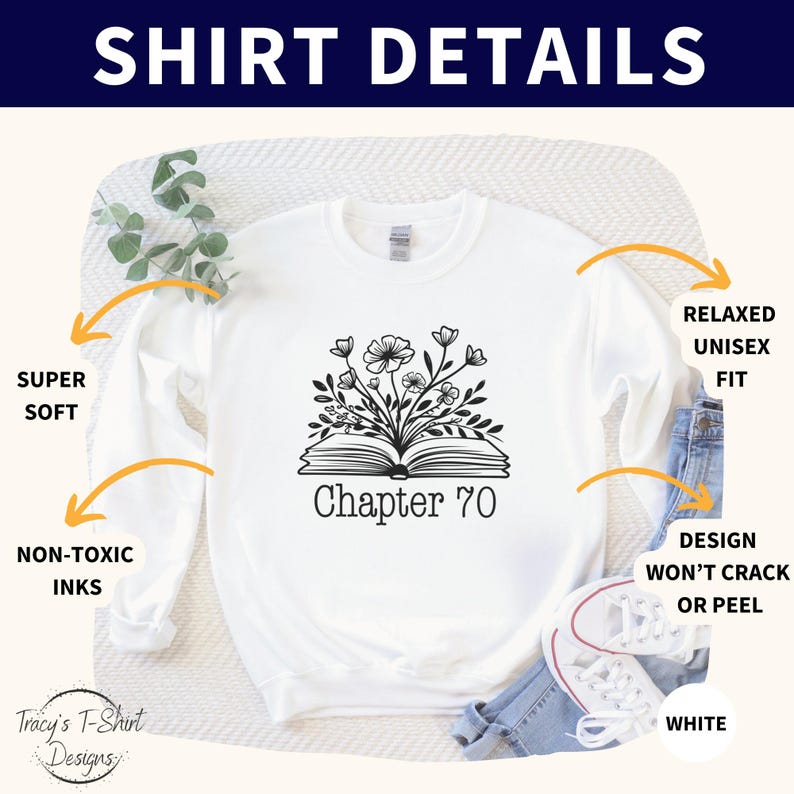 May include: White unisex t-shirt with a black and white design of a book with flowers growing out of it. The text "Chapter 70" is printed on the shirt.