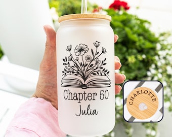 Custom 50th Birthday Iced Coffee Cup, Personalized Chapter 50 Glass Tumbler With Lid and Straw