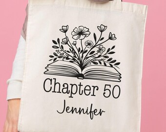 Custom 50th Birthday Tote Bag, Personalized Book Sack for Turning Fifty