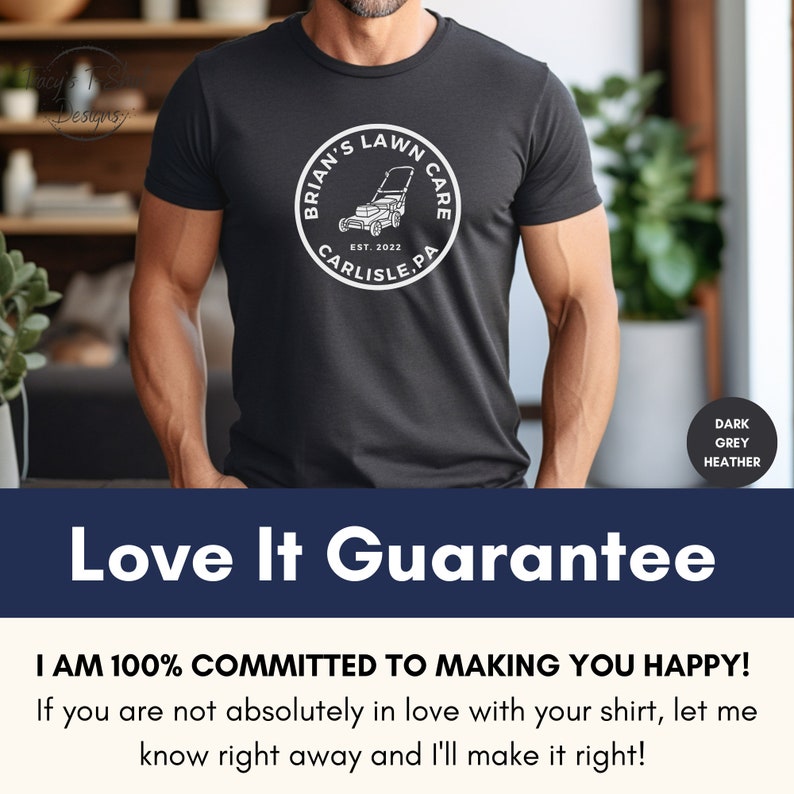 May include: A black t-shirt with a white circle design featuring a lawnmower and the text "Brian's Lawn Care Est. 2022 Carlisle, PA".