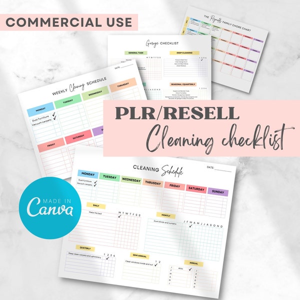 PLR Cleaning checklist Bundle, Plr Cleaning checklist, PLR Family chore chart, PLR Cleaning schedule, Canva Template with Resell Rights