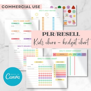 PLR kids chore schedule, Plr kids Cleaning checklist, PLR Family chore chart, PLR kids budget chart, Canva Template with Resell Rights