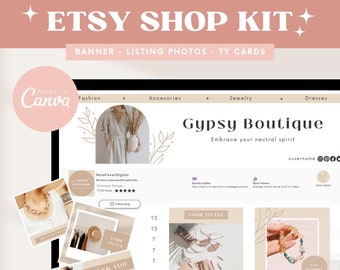 May include: Etsy shop banner with a neutral colour scheme featuring a woman wearing a linen dress and a floral illustration. The banner text reads "Gypsy Boutique: Embrace your neutral spirit". The banner also includes a shop name, social media icons, and a call to action to follow the shop.