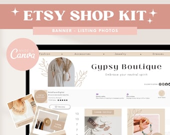 Può includere: Uno schermo di computer che mostra una bozza di banner per un negozio Etsy e foto di prodotti per una boutique Gypsy. Il banner presenta una tavolozza di colori neutri con un'estetica bohémien. Le foto dei prodotti mostrano gioielli, abbigliamento e accessori. Il testo sul banner recita "Gypsy Boutique: Abbraccia il tuo spirito neutro".