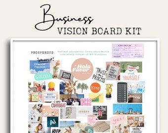 Può includere: Un kit di vision board per imprenditori con immagini e testo come "Manifesta", "Libertà finanziaria", "Successo", "Hola Favor", "Fidati del processo", "Etsy", "Boss Babe", "Continua a spingere", "L'abbondanza scorre senza sforzo nella mia attività", e "Lavora al tuo grande sogno".