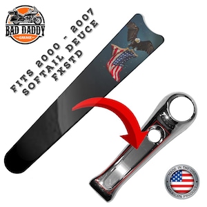 May include: A motorcycle part with a black background featuring an American flag and an eagle. The text reads "FITS 2000 - 2007 SOFTAIL DEUCE FXSTD." A chrome-colored part is also shown, with a "MADE IN THE USA" sticker.