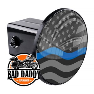 Black ABS 4&quot; Round Towing Trailer Hitch Cover Tube Plug Insert Fits 2&quot; Class 3+ Optional Plastic Retaining Clip Tactical USA Flag Blue Line