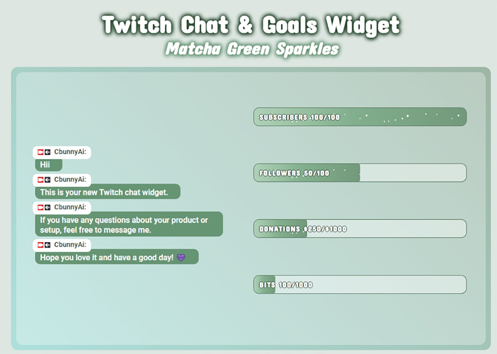 Green Performance Wdgit Animated Matcha Green Sparkles Chat and Goal Widget for Stream Twitch ...