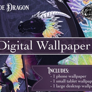 Könnte beinhalten: Digitale Tapete mit einem schwarzen Drachen mit Regenbogenflügeln. Der Drache ist vor einem dunklen Hintergrund mit einem Buntglasmuster platziert. Der Text "PRIDE DRAGON" und "Digitale Tapete" ist im Bild enthalten. Das Bild enthält 1 Handy-Hintergrundbild, 1 kleines Tablet-Hintergrundbild und 1 großes Desktop-Hintergrundbild.