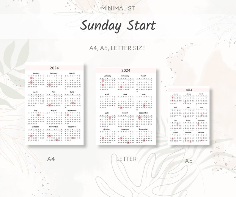 2024 Calendar Digital Sunday Start Holidays, Printable, Minimalist, A4 ...