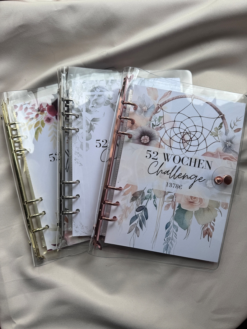 52 Wochen Challenge 52 Umschläge Challenge 1378 Euro Budgeting Sparchallenges A5 Binder Budgetplaner Durchsichtig Rosegold Silber Gold Bild 1