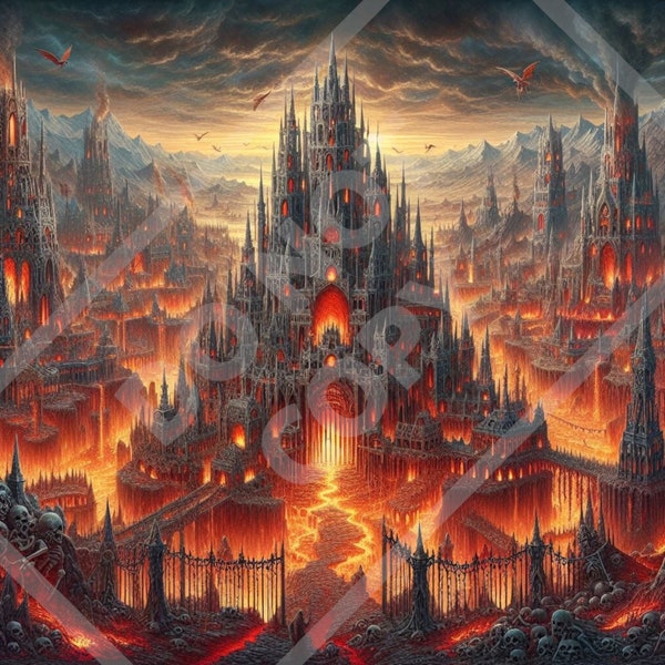 Hell Citadel, Hellscape, Lava, Bones, Skulls, Downloadable Home Decor, Wall Art, AI Created