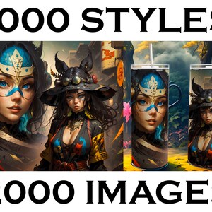 Puede incluir: Tres diseños diferentes para un vaso de acero inoxidable con un personaje de fantasía con detalles azules y dorados. El texto "1000 STYLES" y "2000 IMAGES" está en la parte superior e inferior de la imagen.