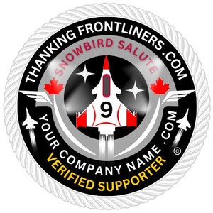 May include: A black and white circular logo with a white rope border. The logo features a red, white and blue jet plane with the number 9 on the side. The text "Thanking Frontliners.com Snowbird Salute" is written in a white arc around the top of the logo. The text "Your Company Name.com Verified Supporter" is written in a white arc around the bottom of the logo.