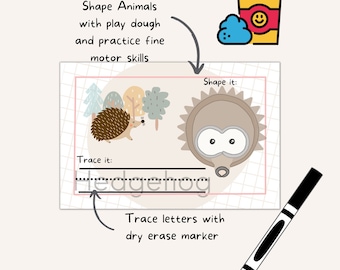 Tarjetas de escritura de animales del bosque, tapete de plastilina, tarjetas imprimibles de animales del bosque, práctica de escritura a mano, actividad preescolar, educación en casa