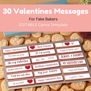 May include: Thirty Valentine's Day messages printed on red and white labels with hearts. The labels are arranged in a grid on a silver background. The labels are surrounded by heart-shaped cookies.