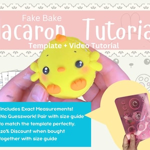 May include: A yellow chick-shaped macaron with a pink nose and black eyes is being held in a hand. A clear plastic template with circles of different sizes is also shown. The text "Fake Bake Macaron Tutorial Template + Video Tutorial" is at the top of the image.
