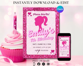 Hot Pink Doll Birthday Invite Doll Invitation Girly Pink Birthday Invite Sparkly Pink Evite Invite Pink Girly Birthday Invitation Template