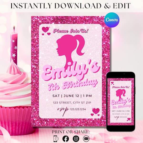 Hot Pink Doll Birthday Invite Doll Invitation Girly Pink Birthday Invite Sparkly Pink Evite Invite Pink Girly Birthday Invitation Template