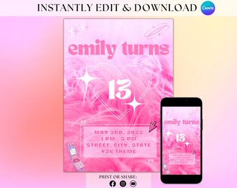 Pink Y2K Invite Girly Birthday Invitation Pink Birthday Evite Y2K Birthday Invites Editable Template Invitation Pink Barb Invitation