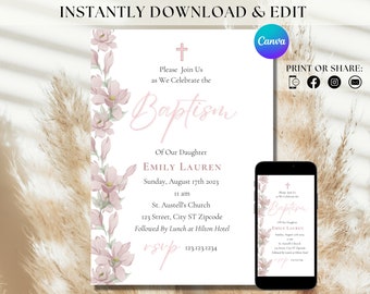 Pink Floral Baptism Invitation Editable Spring Baptism Invites Pink Easter Baptism Evite Pink Christening Invitation Editable Christening