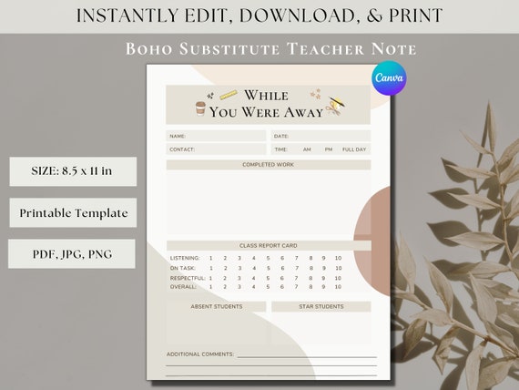 Editable Substitute Teacher Note Printable While You Were Away Template Substitute Teacher Printable Resource Digital Product Teacher Notes