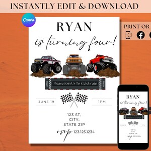 Monster Truck Birthday Invite Monster Truck Evite Monster Truck Party Invitation Monster Jam Invite Monster Truck Party Monster Jam Birthday